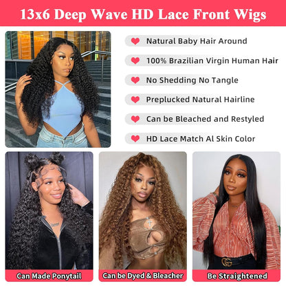 13x6 Deep Wave Lace Front Wigs Human Hair Wigs for Women 180% Density HD Transparent Deep Curly Lace Frontal Wigs Human Hair Pre Plucked with Baby Hair Natural Color
