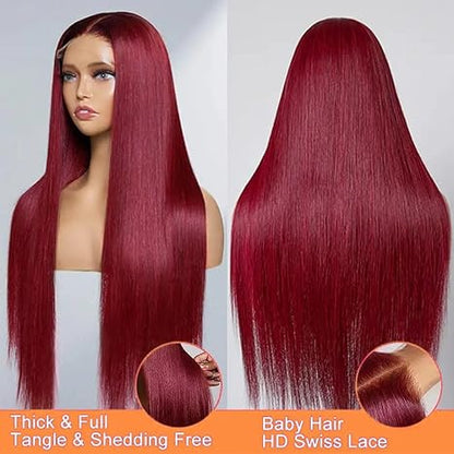 99J Burgundy Straight  Glueless 5x5 Lace Closure Wig Pre Cut 180% Density HD Lace Human Hair Wig With Curls Pre Bleached Lace Knots Glueless Wig for Women