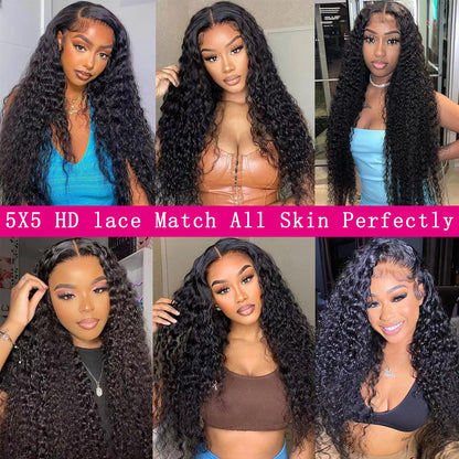 Water Wave Glueless 5x5 Lace Closure Wig Pre Cut 180% Density HD Lace Human Hair Wig With Curls Pre Bleached Lace Knots Glueless Wig for Women