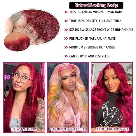 99J Burgundy Straight  Glueless 5x5 Lace Closure Wig Pre Cut 180% Density HD Lace Human Hair Wig With Curls Pre Bleached Lace Knots Glueless Wig for Women