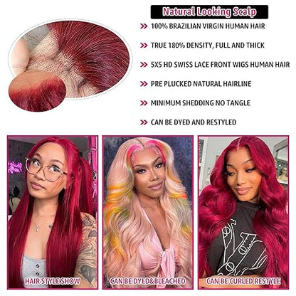 99J Burgundy Straight  Glueless 5x5 Lace Closure Wig Pre Cut 180% Density HD Lace Human Hair Wig With Curls Pre Bleached Lace Knots Glueless Wig for Women