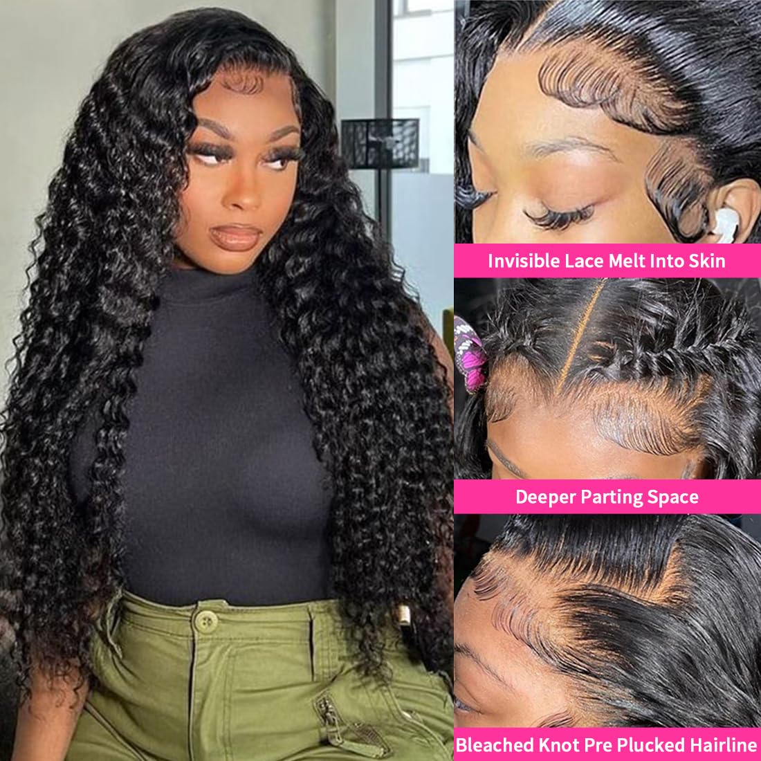 13x6 Deep Wave Lace Front Wigs Human Hair Wigs for Women 180% Density HD Transparent Deep Curly Lace Frontal Wigs Human Hair Pre Plucked with Baby Hair Natural Color