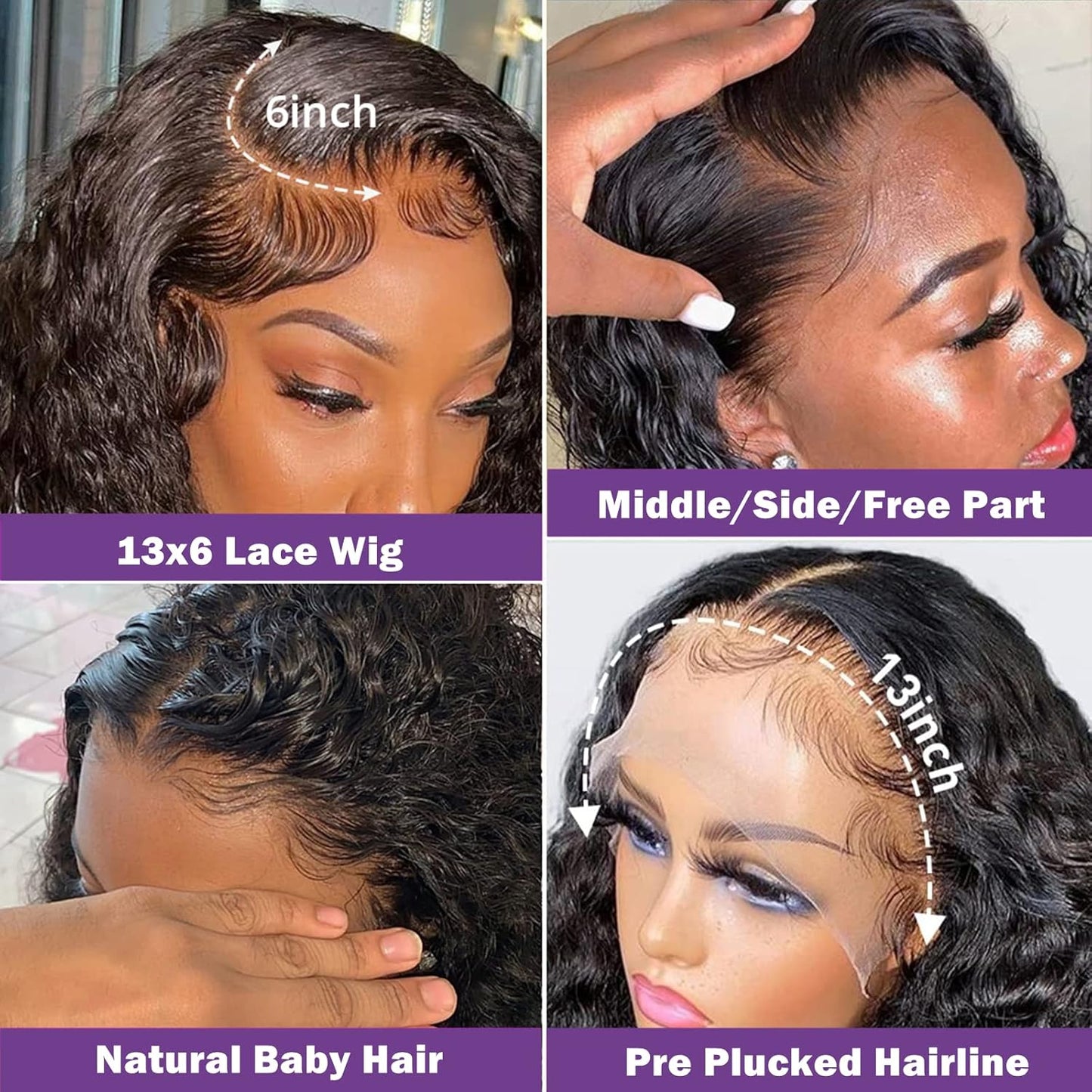 13x6 Deep Wave Lace Front Wigs Human Hair Wigs for Women 180% Density HD Transparent Deep Curly Lace Frontal Wigs Human Hair Pre Plucked with Baby Hair Natural Color