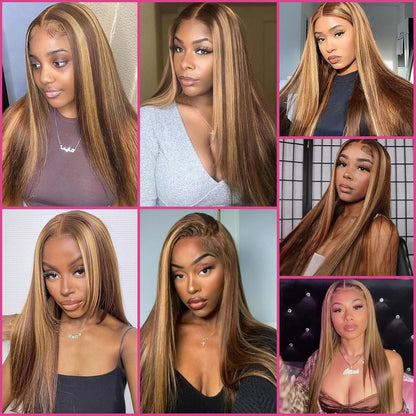 4/27 Highlight Ombre Blonde Straight Glueless 5x5 Lace Closure Wig Pre Cut Lace Human Hair Wig With Curls Pre Bleached Lace Knots Glueless Wig for Women