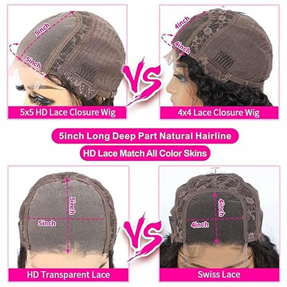 Water Wave Glueless 5x5 Lace Closure Wig Pre Cut 180% Density HD Lace Human Hair Wig With Curls Pre Bleached Lace Knots Glueless Wig for Women