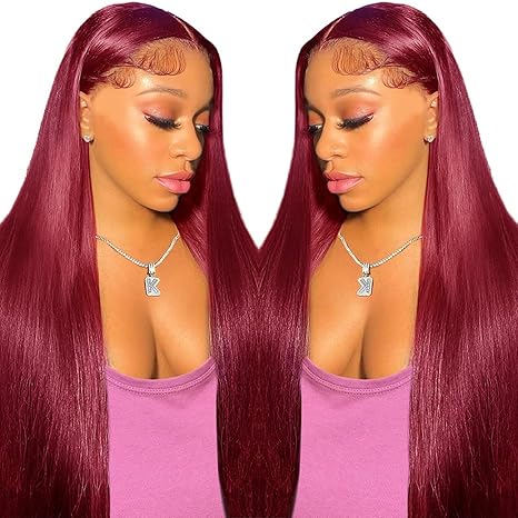 99J Burgundy Straight  Glueless 5x5 Lace Closure Wig Pre Cut 180% Density HD Lace Human Hair Wig With Curls Pre Bleached Lace Knots Glueless Wig for Women