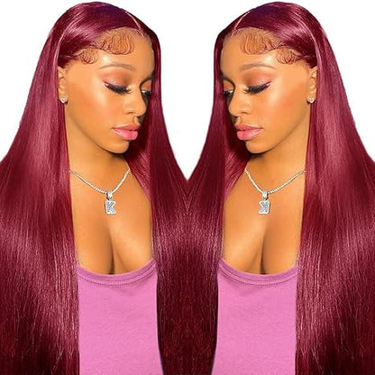 99J Burgundy Straight  Glueless 5x5 Lace Closure Wig Pre Cut 180% Density HD Lace Human Hair Wig With Curls Pre Bleached Lace Knots Glueless Wig for Women