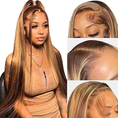 4/27 Highlight Ombre Blonde Straight Glueless 5x5 Lace Closure Wig Pre Cut Lace Human Hair Wig With Curls Pre Bleached Lace Knots Glueless Wig for Women