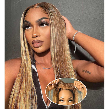 4/27 Highlight Ombre Blonde Straight Glueless 5x5 Lace Closure Wig Pre Cut Lace Human Hair Wig With Curls Pre Bleached Lace Knots Glueless Wig for Women
