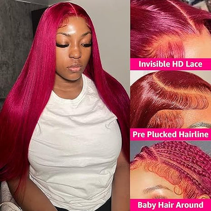 99J Burgundy Straight  Glueless 5x5 Lace Closure Wig Pre Cut 180% Density HD Lace Human Hair Wig With Curls Pre Bleached Lace Knots Glueless Wig for Women