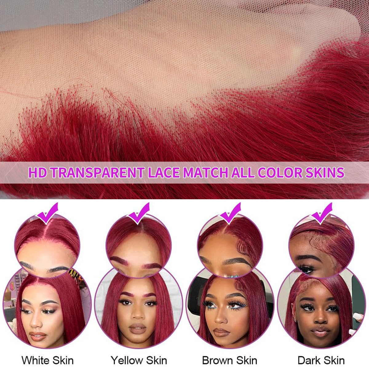 99J Burgundy Straight  Glueless 5x5 Lace Closure Wig Pre Cut 180% Density HD Lace Human Hair Wig With Curls Pre Bleached Lace Knots Glueless Wig for Women