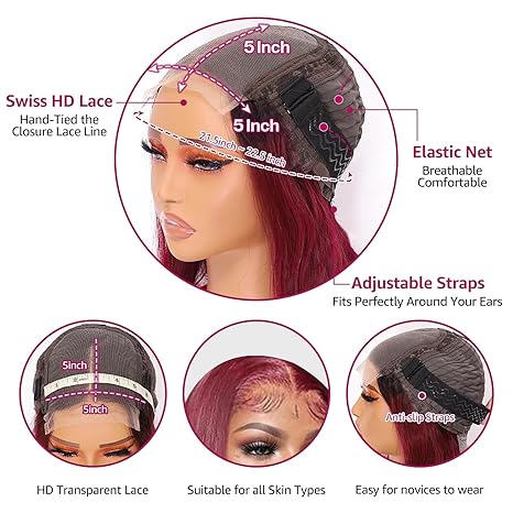 99J Burgundy Straight  Glueless 5x5 Lace Closure Wig Pre Cut 180% Density HD Lace Human Hair Wig With Curls Pre Bleached Lace Knots Glueless Wig for Women