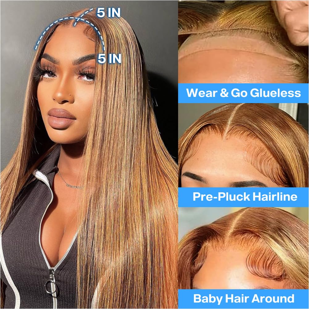 4/27 Highlight Ombre Blonde Straight Glueless 5x5 Lace Closure Wig Pre Cut Lace Human Hair Wig With Curls Pre Bleached Lace Knots Glueless Wig for Women