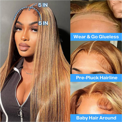 4/27 Highlight Ombre Blonde Straight Glueless 5x5 Lace Closure Wig Pre Cut Lace Human Hair Wig With Curls Pre Bleached Lace Knots Glueless Wig for Women