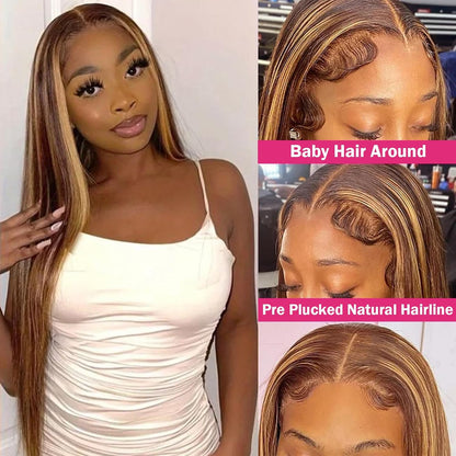 4/27 Highlight Ombre Blonde Straight Glueless 5x5 Lace Closure Wig Pre Cut Lace Human Hair Wig With Curls Pre Bleached Lace Knots Glueless Wig for Women