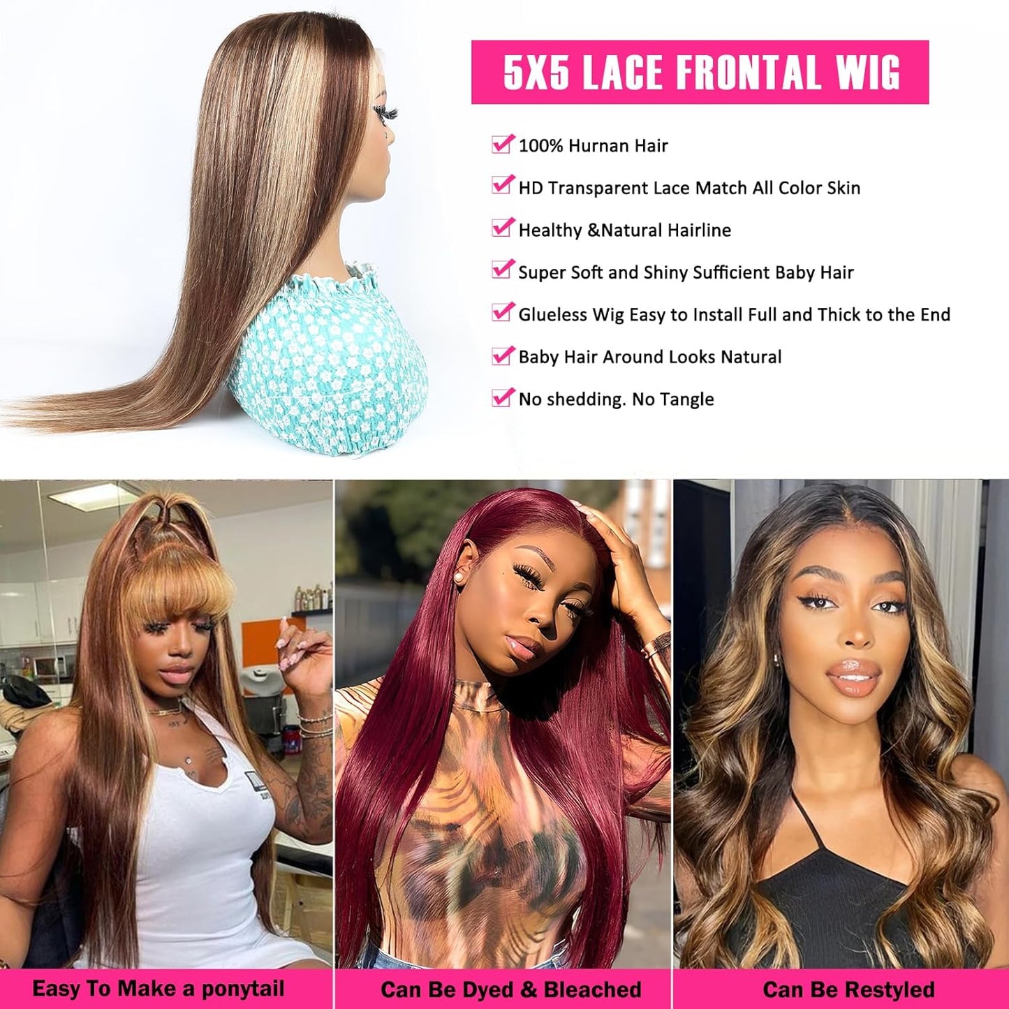4/27 Highlight Ombre Blonde Straight Glueless 5x5 Lace Closure Wig Pre Cut Lace Human Hair Wig With Curls Pre Bleached Lace Knots Glueless Wig for Women