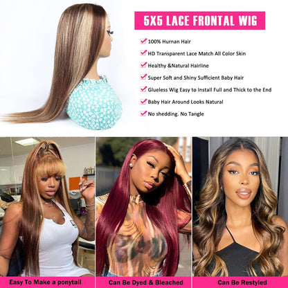 4/27 Highlight Ombre Blonde Straight Glueless 5x5 Lace Closure Wig Pre Cut Lace Human Hair Wig With Curls Pre Bleached Lace Knots Glueless Wig for Women